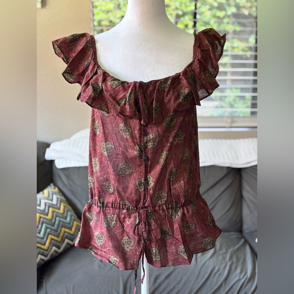 Lauren Ralph Lauren Red Floral Flutter Sleeve Boho Cottage Top Size Lg